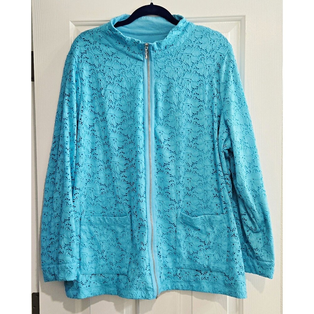 Denim & Co. Women’s Plus 2X Turquoise Blue Lace Floral Full Zip Jacket Pockets